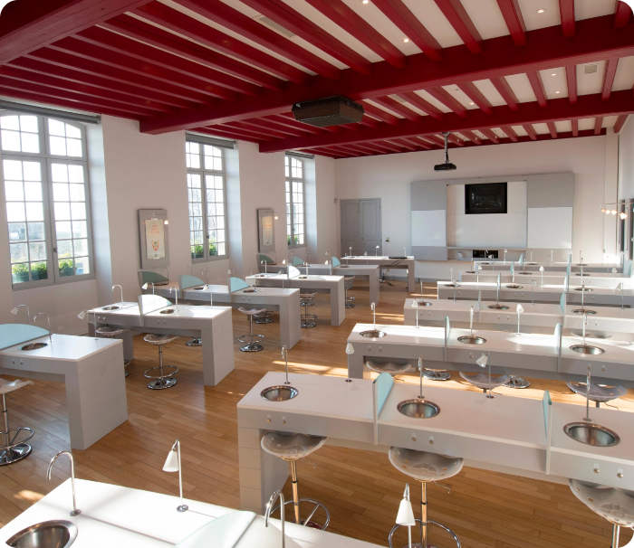 Salle de dégustation professionnelle de l'École du Vin de Saint-Émilion pour cours d'oenologie et ateliers découverte